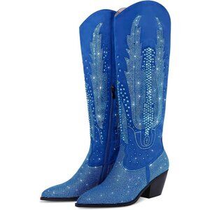 Women Polyurethane Blue Knee High Pointed Toe Chunky Heel Rhinestone Boot
